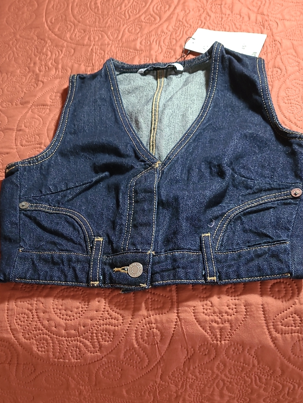 Zara Dark Blue Denim Vest with Yellow Contrast Stitching
